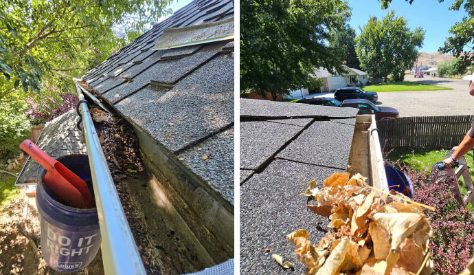 Collage of debris and twig on gutter