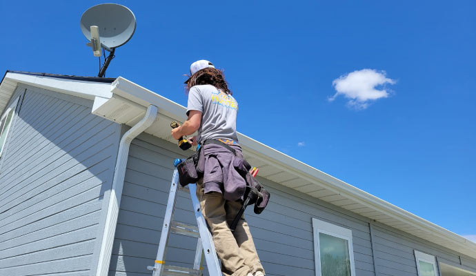 A person installing gutter with equipment