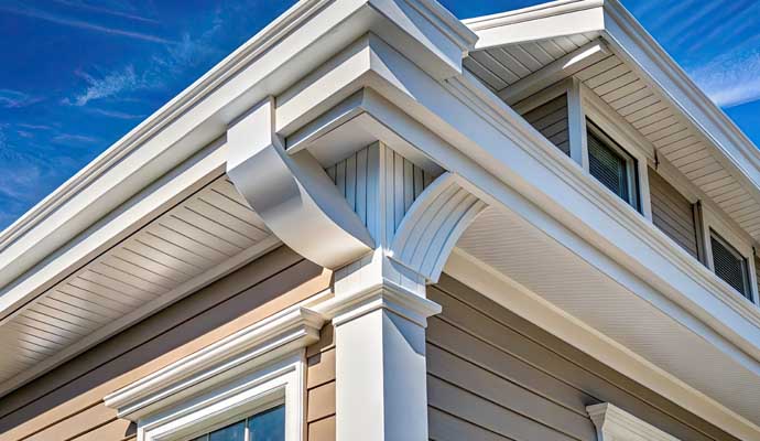 An exterior corner of a building where soffits have been installed.