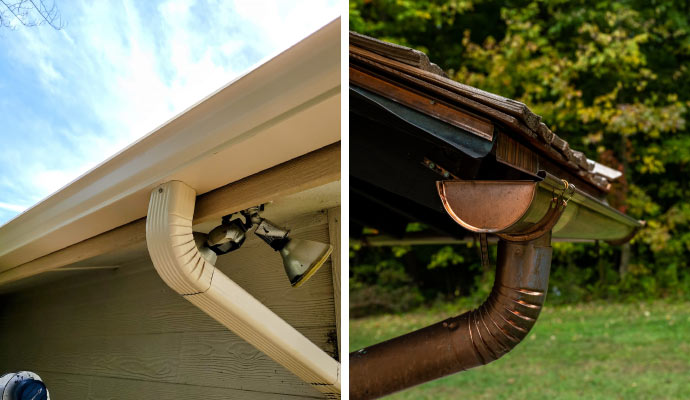 Collage of aluminum and copper gutter