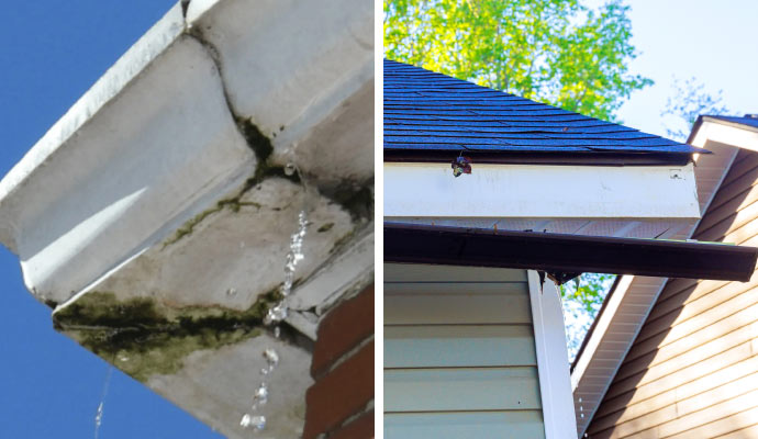 Collage of cracked and splits gutter