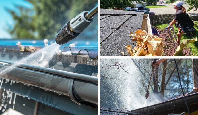 Collage of gutter soft wash power wash and leaves on gutter