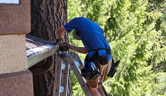 technician repairing gutters