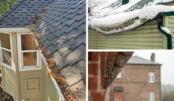 collage of gutters with leaks and blocks