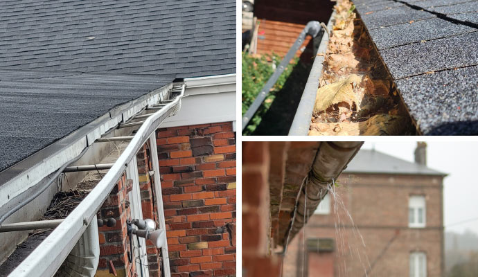 collage of gutters with leaks, broken and clogs