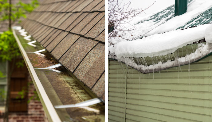 collage of gutters with water overflow and sagging