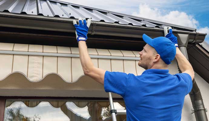 A perosn is repairing a gutter guard beneath the roof shingles.