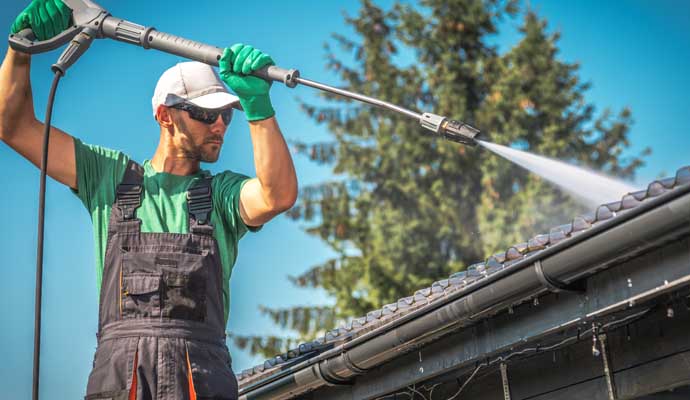 A person is cleaning a gutter using a high-pressure water spray.